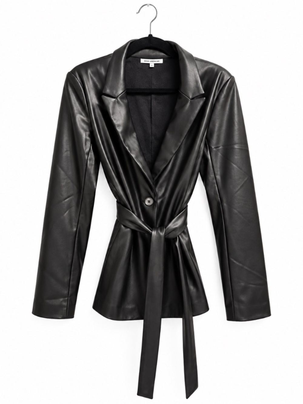 OLIVACEOUS Black Faux Leather Belted Blazer Jacket L